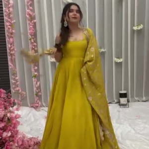 Mustard Yellow Solid Flared Gown Set with Gota Tassels and Banarasi Dupatta