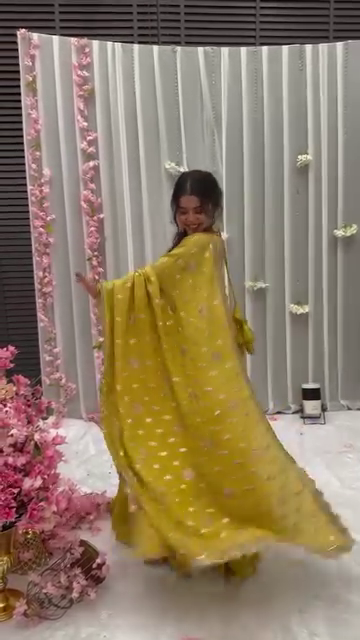 Mustard Yellow Solid Flared Gown Set with Gota Tassels and Banarasi Dupatta - Image 3