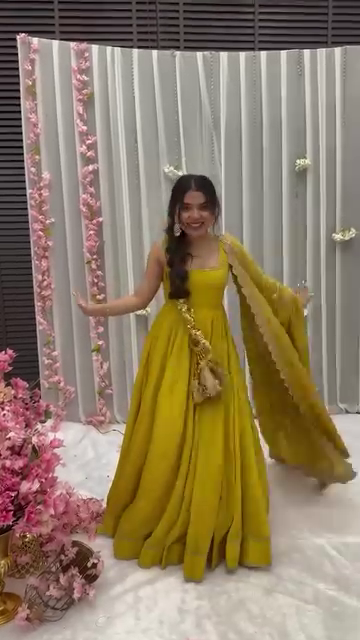 Mustard Yellow Solid Flared Gown Set with Gota Tassels and Banarasi Dupatta - Image 4