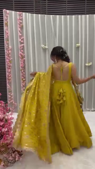 Mustard Yellow Solid Flared Gown Set with Gota Tassels and Banarasi Dupatta - Image 5