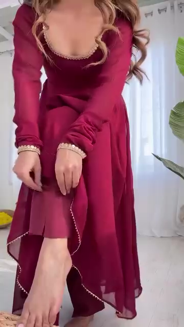 Maroon Heavy Georgette Anarkali Suit Set with Mirror Border Dupatta - Image 2