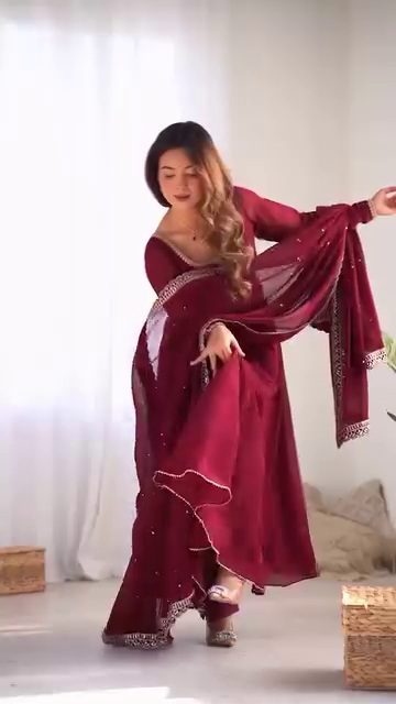 Maroon Heavy Georgette Anarkali Suit Set with Mirror Border Dupatta - Image 6