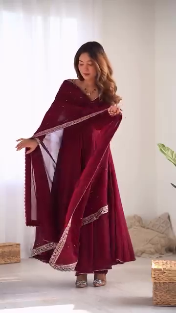 Maroon Heavy Georgette Anarkali Suit Set with Mirror Border Dupatta - Image 7
