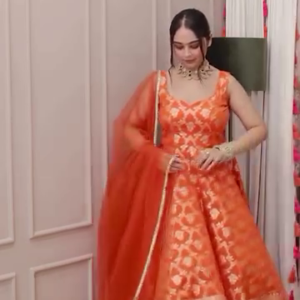 Orange Banarasi Jacquard Silk Anarkali Gown Set with Net Dupatta