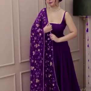 Purple Velvet Anarkali Gown Set with Floral Embroidered Dupatta