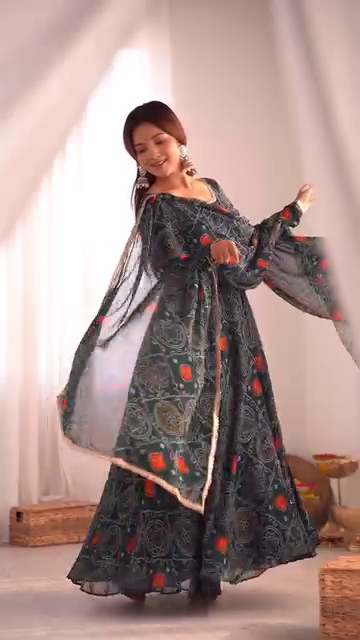 Black Multicolor Printed Anarkali Kurti Set with Dupatta – Ethnic Cotton Flair - Image 3