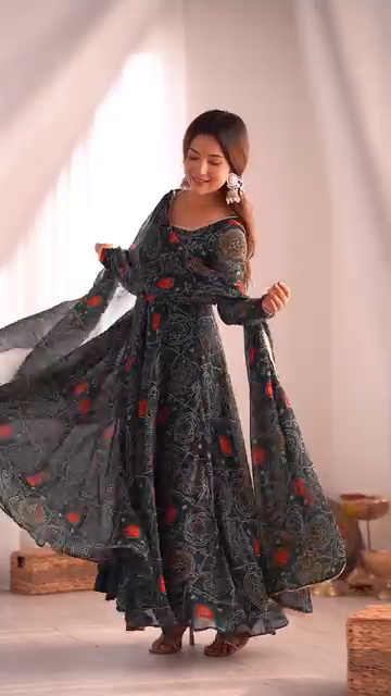 Black Multicolor Printed Anarkali Kurti Set with Dupatta – Ethnic Cotton Flair