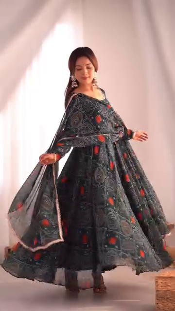 Black Multicolor Printed Anarkali Kurti Set with Dupatta – Ethnic Cotton Flair - Image 2