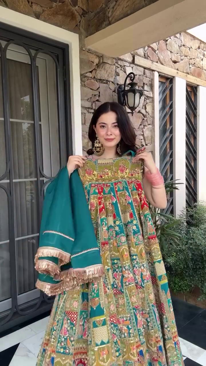 Multicolor Rajasthani Digital Printed Anarkali Gown Set with Teal Dupatta - Image 2
