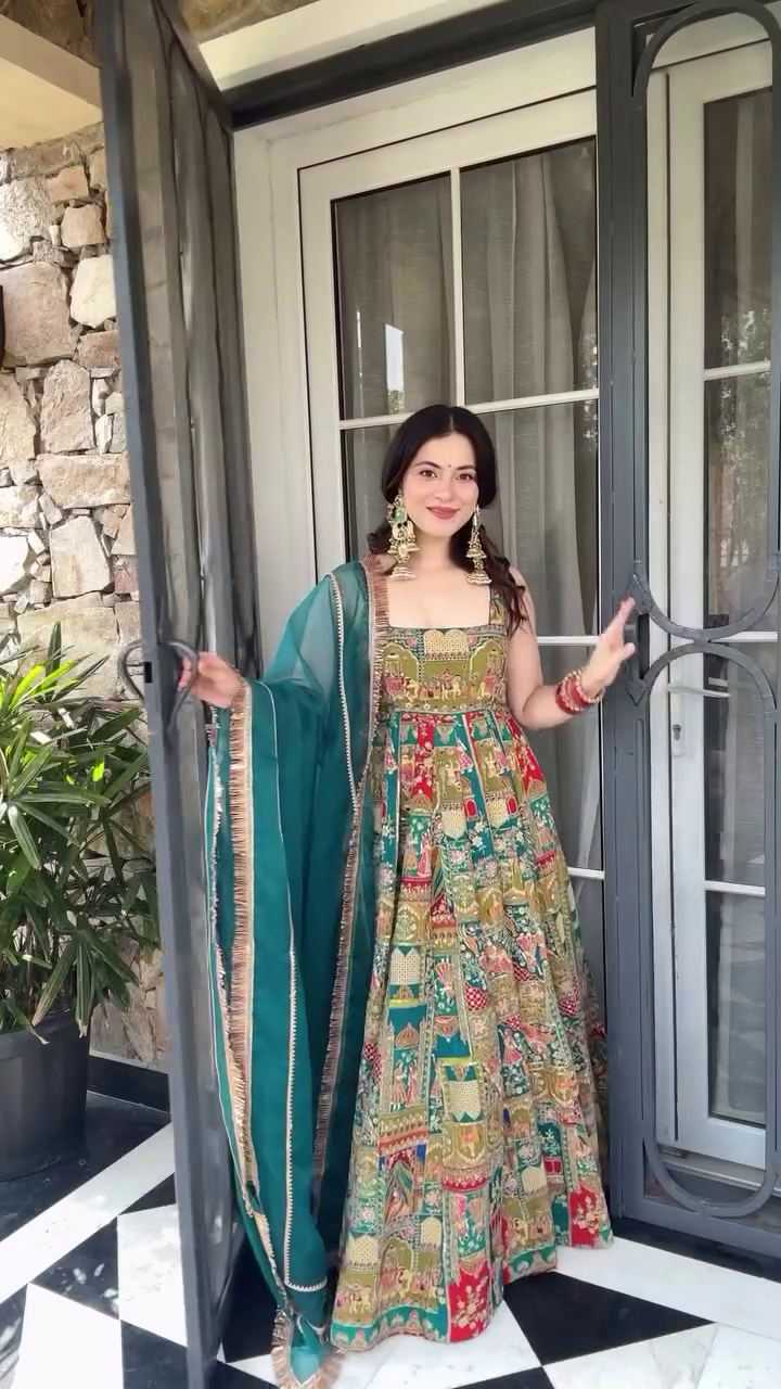 Multicolor Rajasthani Digital Printed Anarkali Gown Set with Teal Dupatta - Image 3