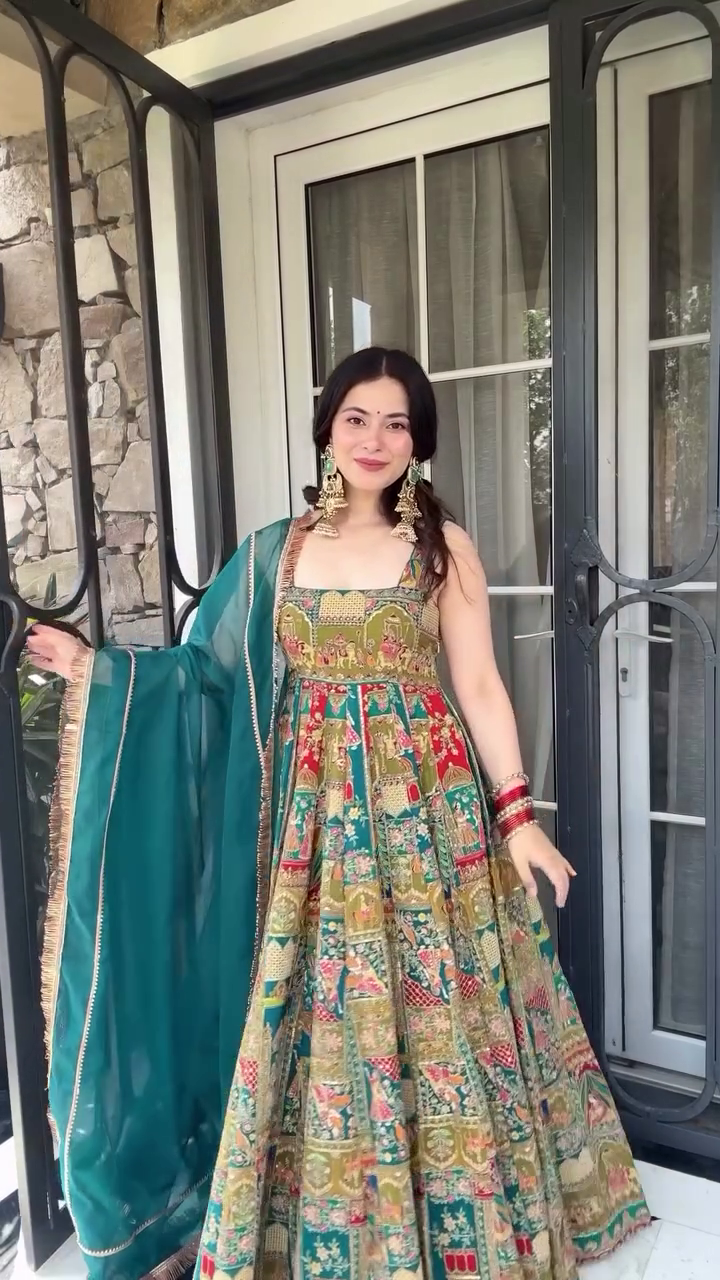 Multicolor Rajasthani Digital Printed Anarkali Gown Set with Teal Dupatta - Image 4