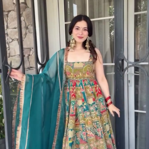 Multicolor Rajasthani Digital Printed Anarkali Gown Set with Teal Dupatta