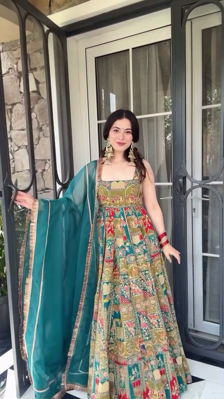 Multicolor Rajasthani Digital Printed Anarkali Gown Set with Teal Dupatta