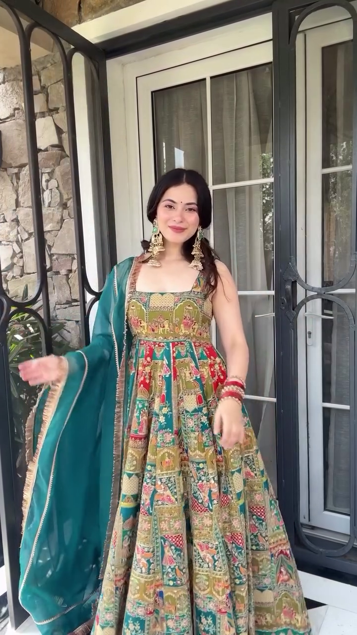 Multicolor Rajasthani Digital Printed Anarkali Gown Set with Teal Dupatta - Image 5