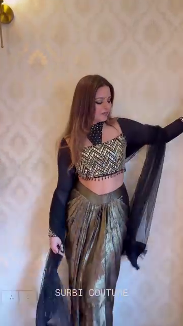 Black & Metallic Gold Draped Skirt with Embroidered Crop Top and Sheer Cape - Image 6