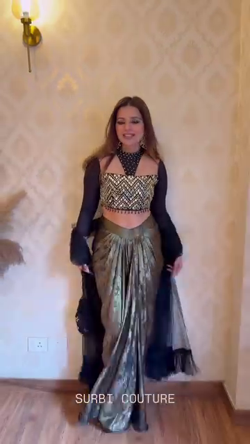 Black & Metallic Gold Draped Skirt with Embroidered Crop Top and Sheer Cape