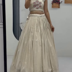 Off-White Embroidered Crop Top with Pleated Silk Lehenga ? Festival Special