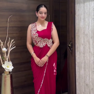 Designer Draped Saree Gown with Embroidered Waist Detail