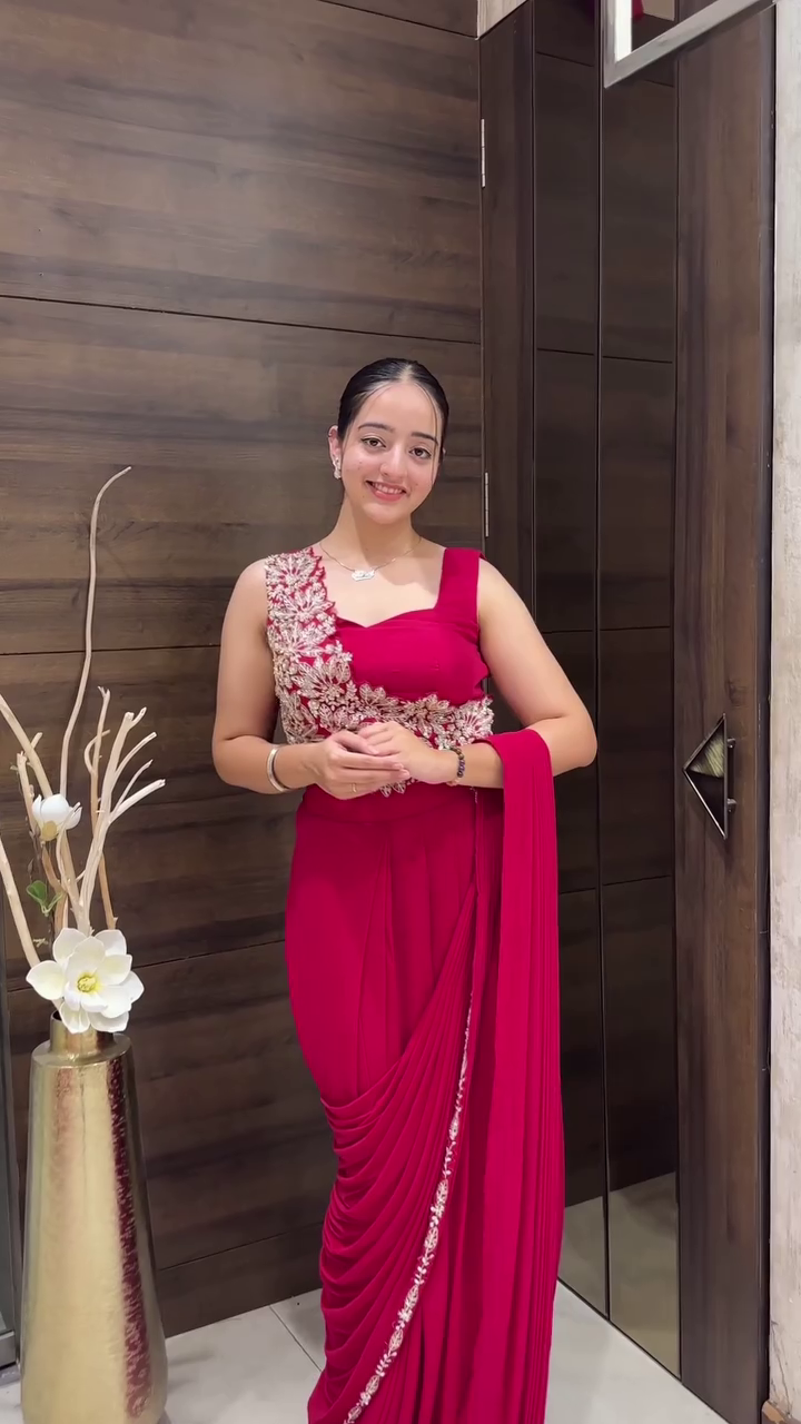 Designer Draped Saree Gown with Embroidered Waist Detail - Image 3