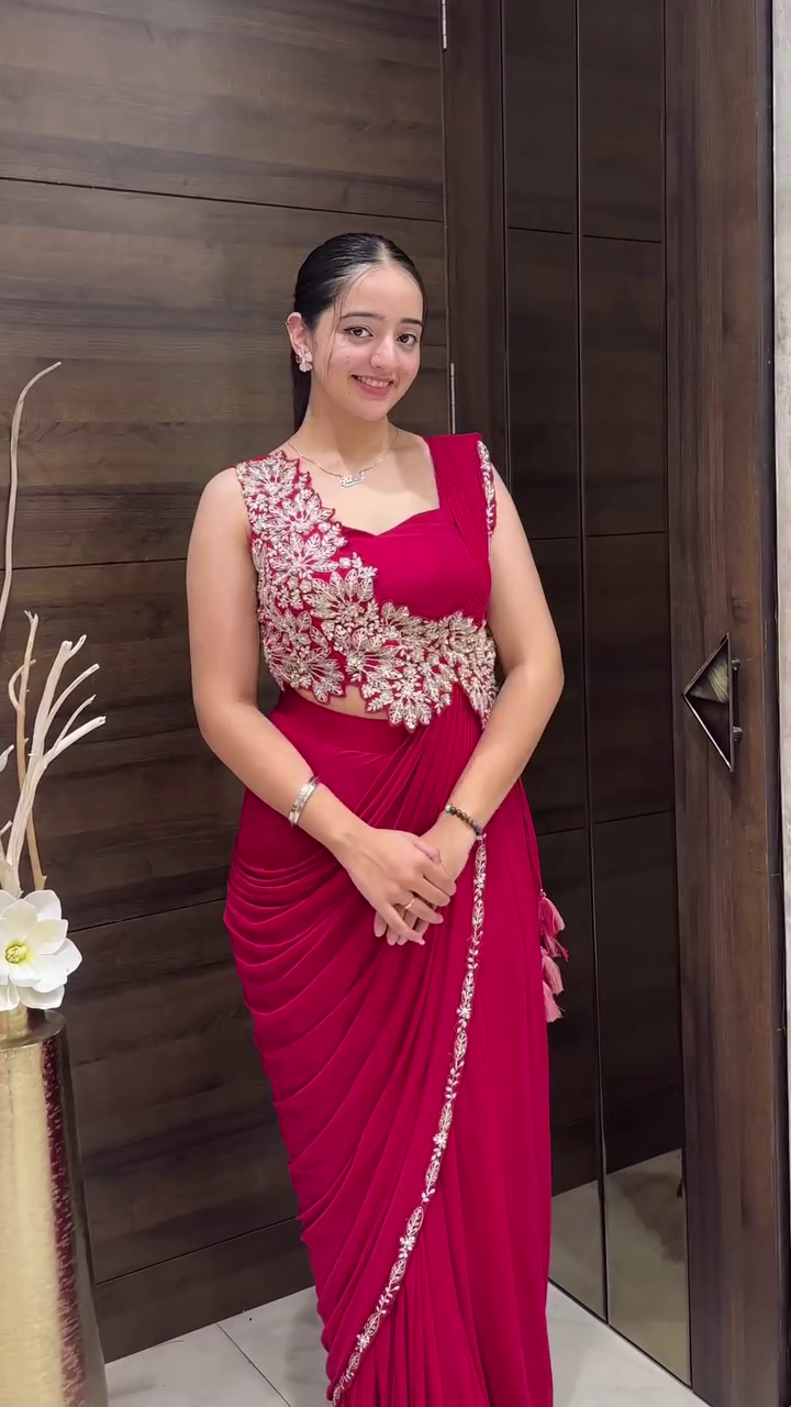 Designer Draped Saree Gown with Embroidered Waist Detail - Image 5