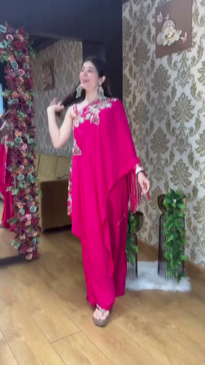 Rani Pink One-Shoulder Embroidered Indo-Western Set - Image 3