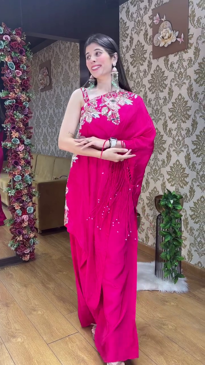 Rani Pink One-Shoulder Embroidered Indo-Western Set - Image 4