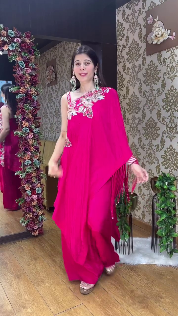 Rani Pink One-Shoulder Embroidered Indo-Western Set - Image 5