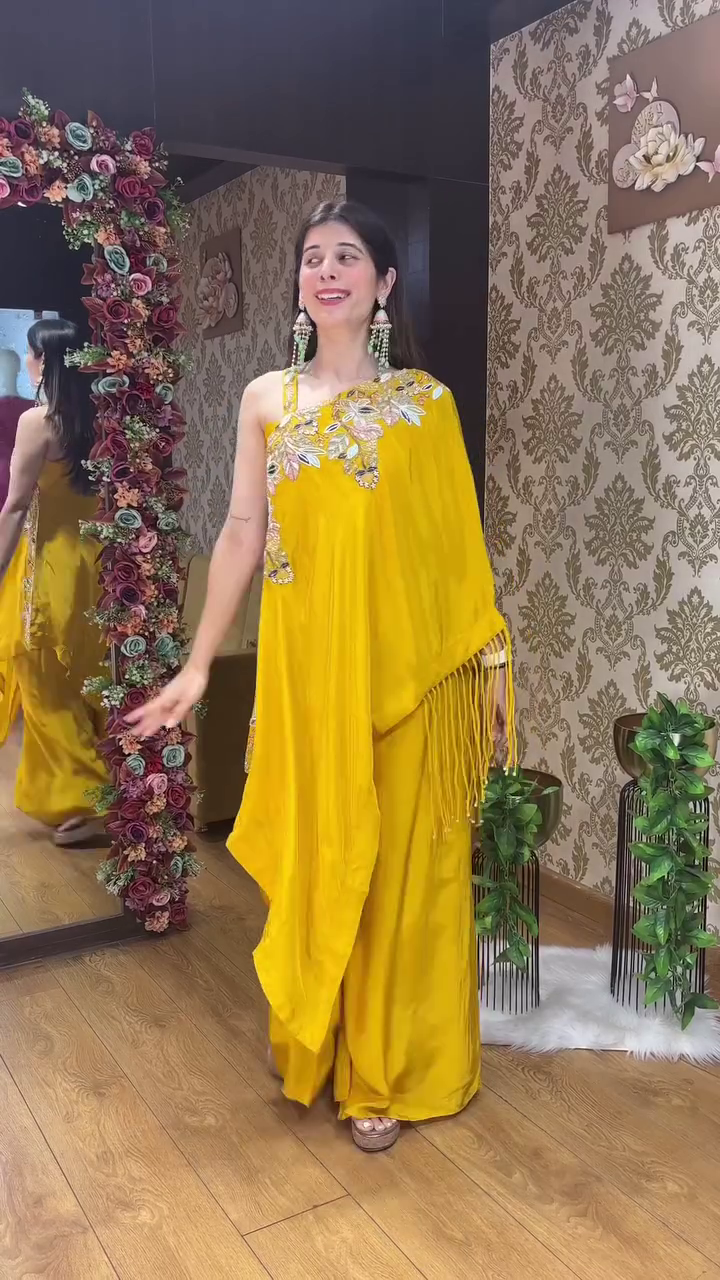 Rani Pink One-Shoulder Embroidered Indo-Western Set