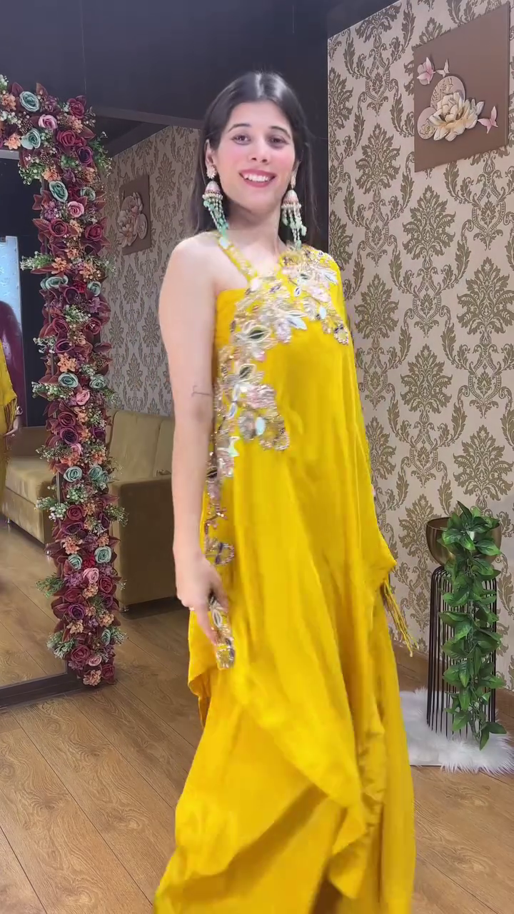 Rani Pink One-Shoulder Embroidered Indo-Western Set - Image 7