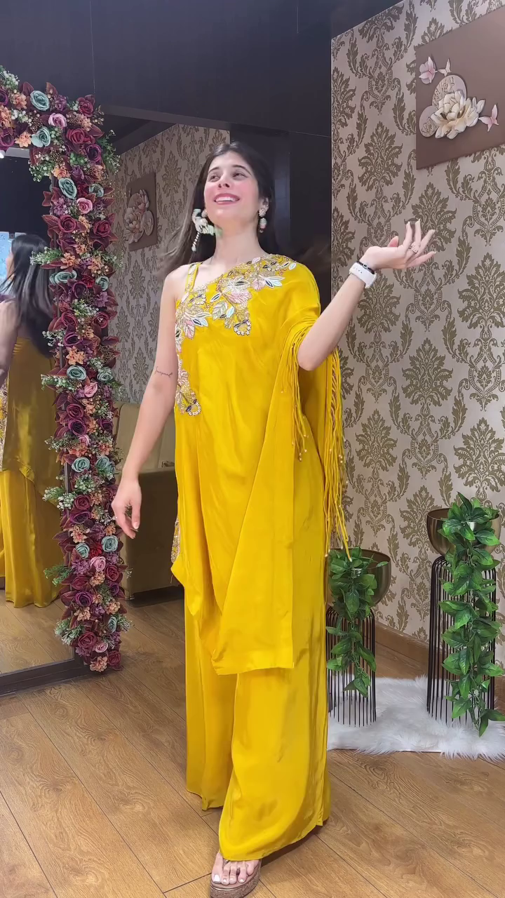 Rani Pink One-Shoulder Embroidered Indo-Western Set - Image 8