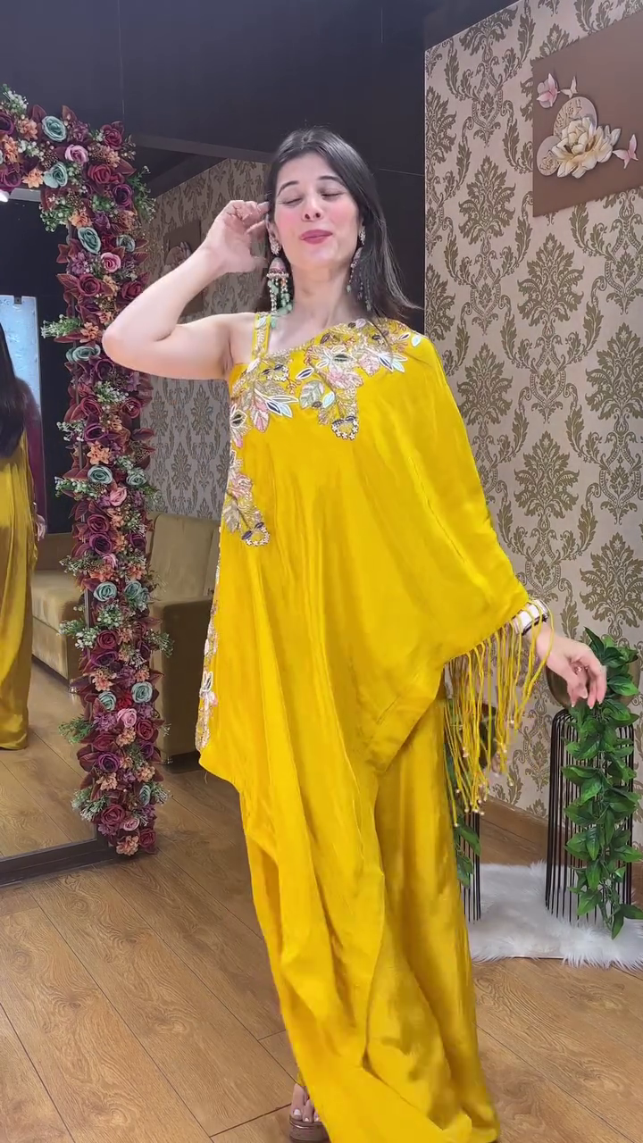 Rani Pink One-Shoulder Embroidered Indo-Western Set - Image 9