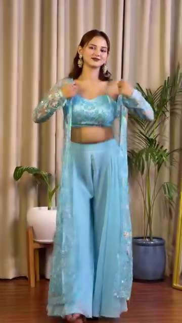 Sky Blue Embroidered Georgette Co-Ord Set with Jacket