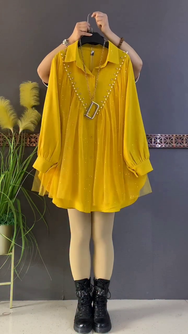Mustard Yellow Pearl Studded Flared Shirt Top