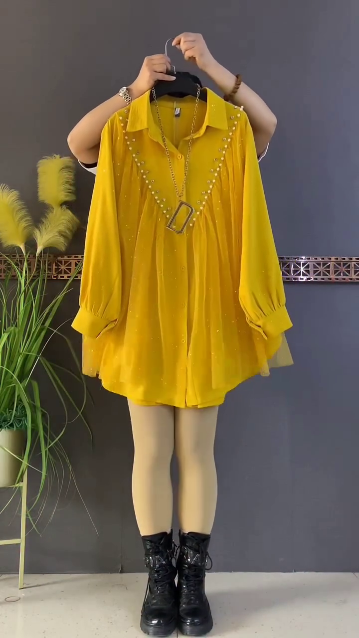 Mustard Yellow Pearl Studded Flared Shirt Top - Image 2