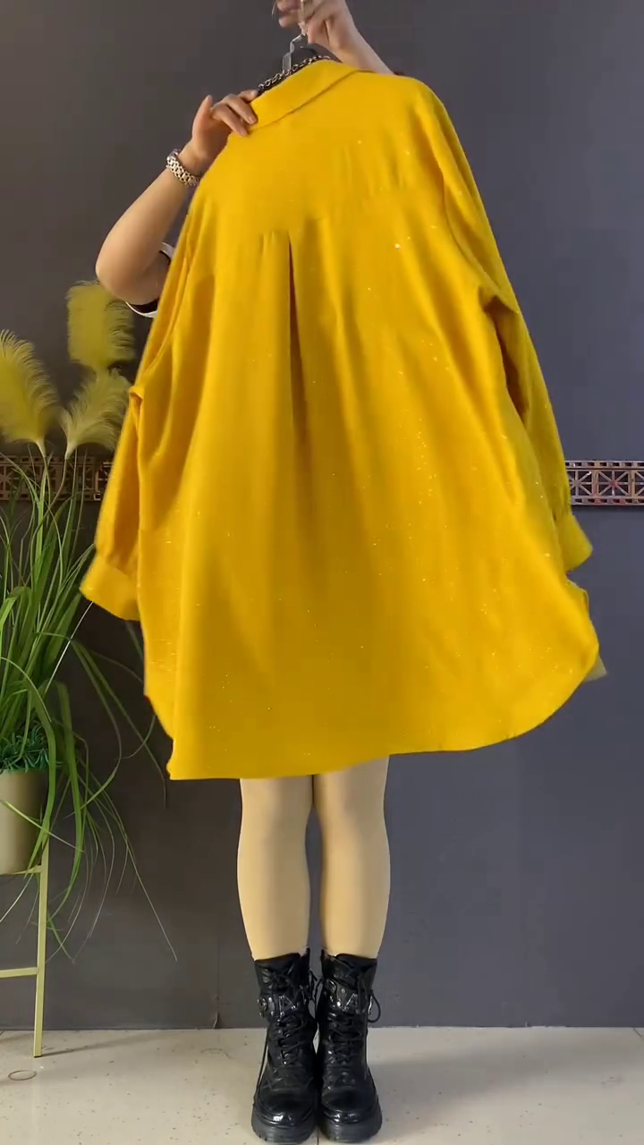 Mustard Yellow Pearl Studded Flared Shirt Top - Image 3