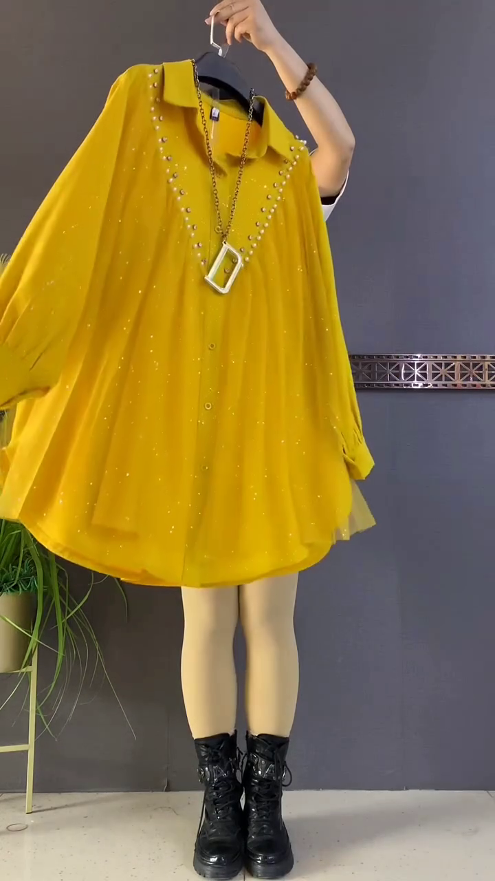 Mustard Yellow Pearl Studded Flared Shirt Top - Image 4