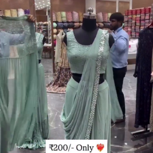 Designer Saree Style Gown with Sequin Blouse ? Mint Green