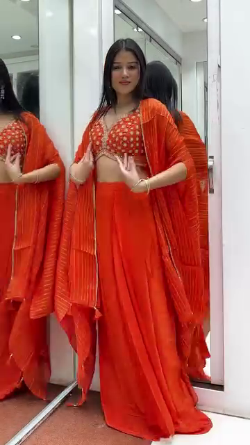Vibrant Orange Embroidered Crop Top with Flared Palazzo & Cape Dupatta Set - Image 2