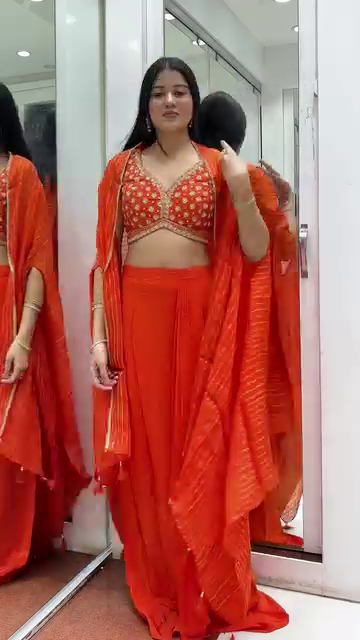 Vibrant Orange Embroidered Crop Top with Flared Palazzo & Cape Dupatta Set