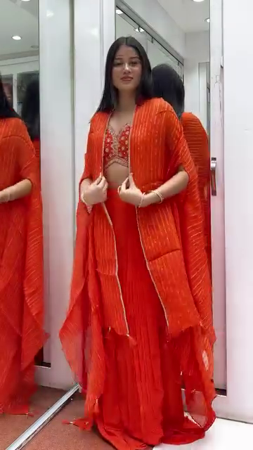 Vibrant Orange Embroidered Crop Top with Flared Palazzo & Cape Dupatta Set - Image 3