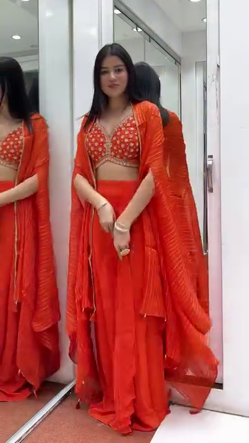 Vibrant Orange Embroidered Crop Top with Flared Palazzo & Cape Dupatta Set - Image 4