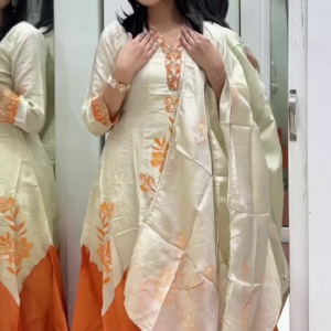 Ivory & Orange Flared Kurta Set with Floral Embroidery and Dupatta