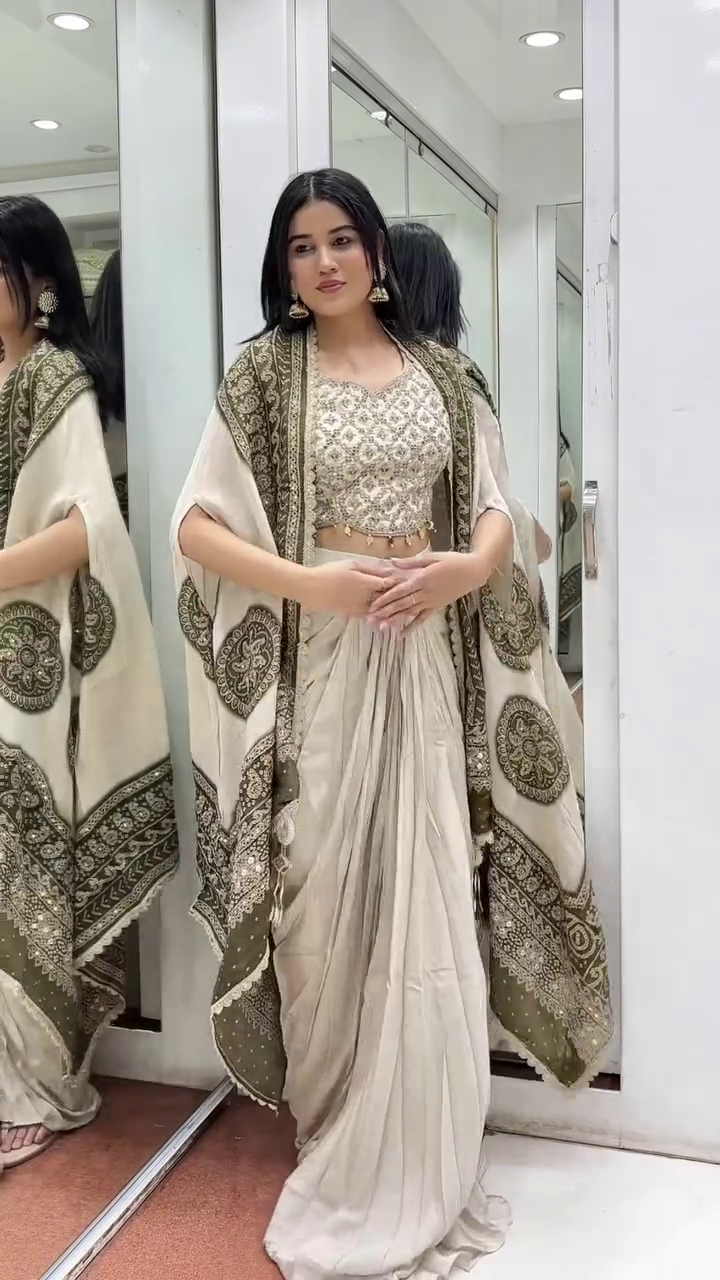 Ivory Gold Pre-Draped Saree Set with Heavy Embroidered Cape